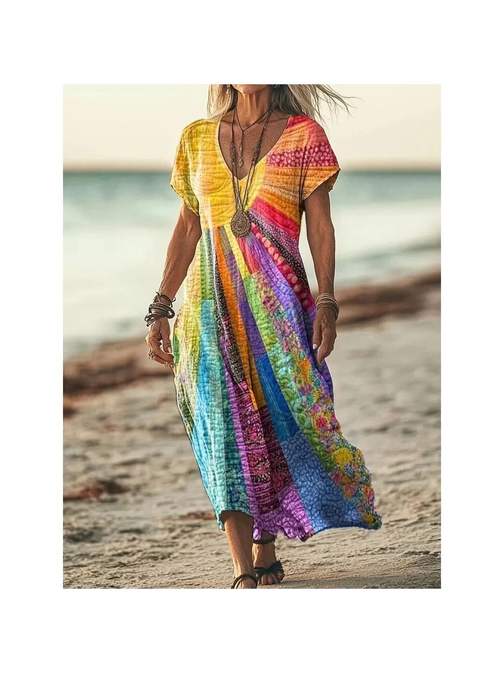 Osadía Rainbow Boho Maxi Dress 3XL US 18 V-Neck Caftan Non-Stretch Polyester